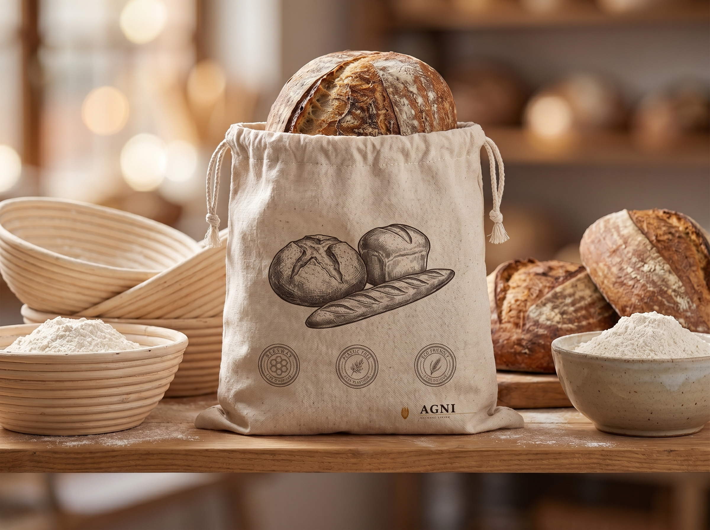 Agni Beeswax Linen Bread Bag with screen-printed artwork on a warm bakery counter