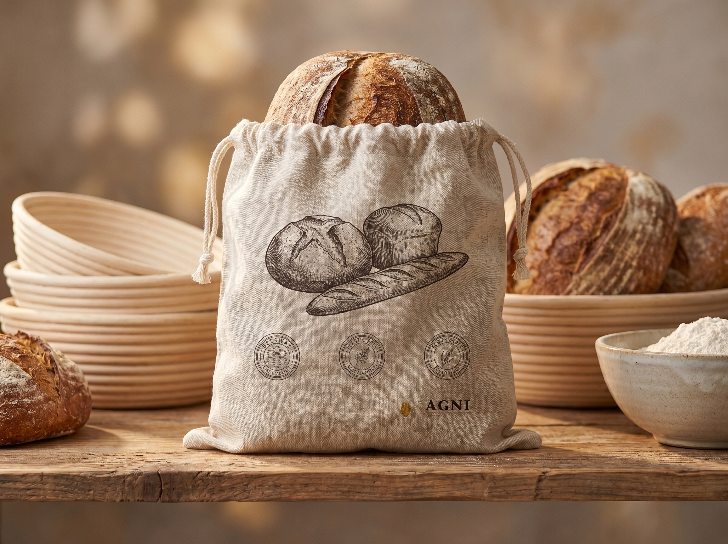 Agni Beeswax Linen Bread Bag with screen-printed artwork resting in a banneton