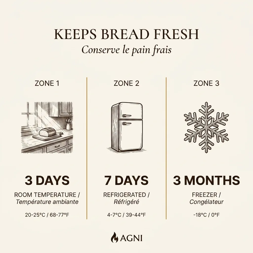 Storage matrix — 3 days counter, 7 days fridge, 3 months freezer